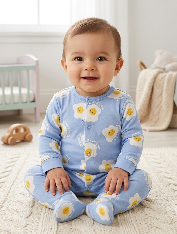 Sunny side up blue button sleepsuit