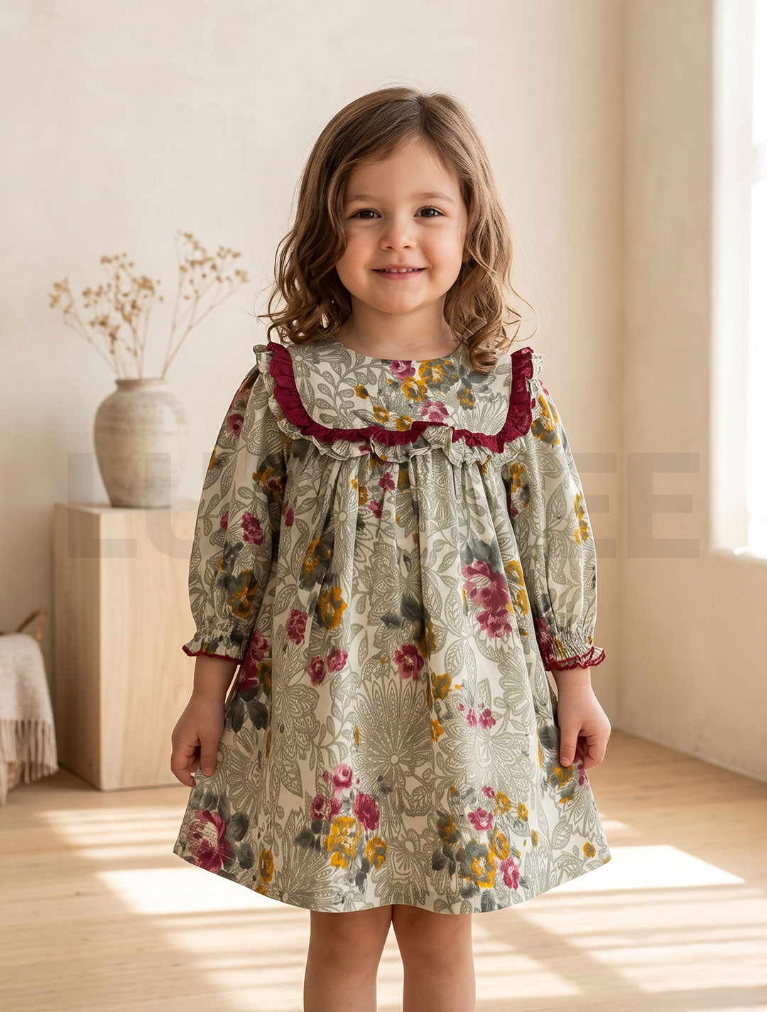 Girls vintage floral print long sleeve dress