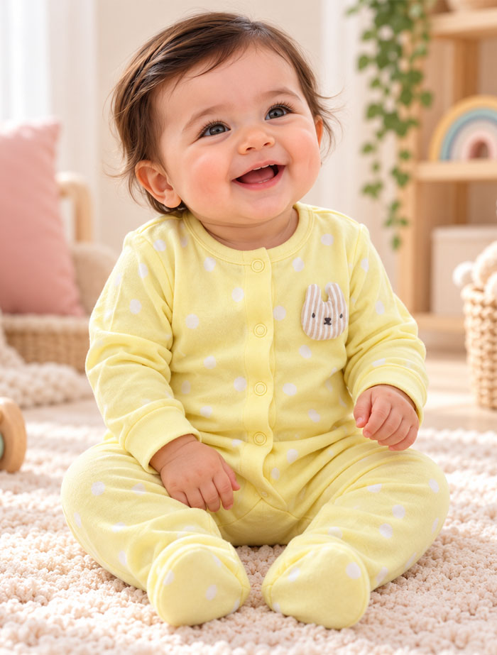 Yellow dotted button sleep suit