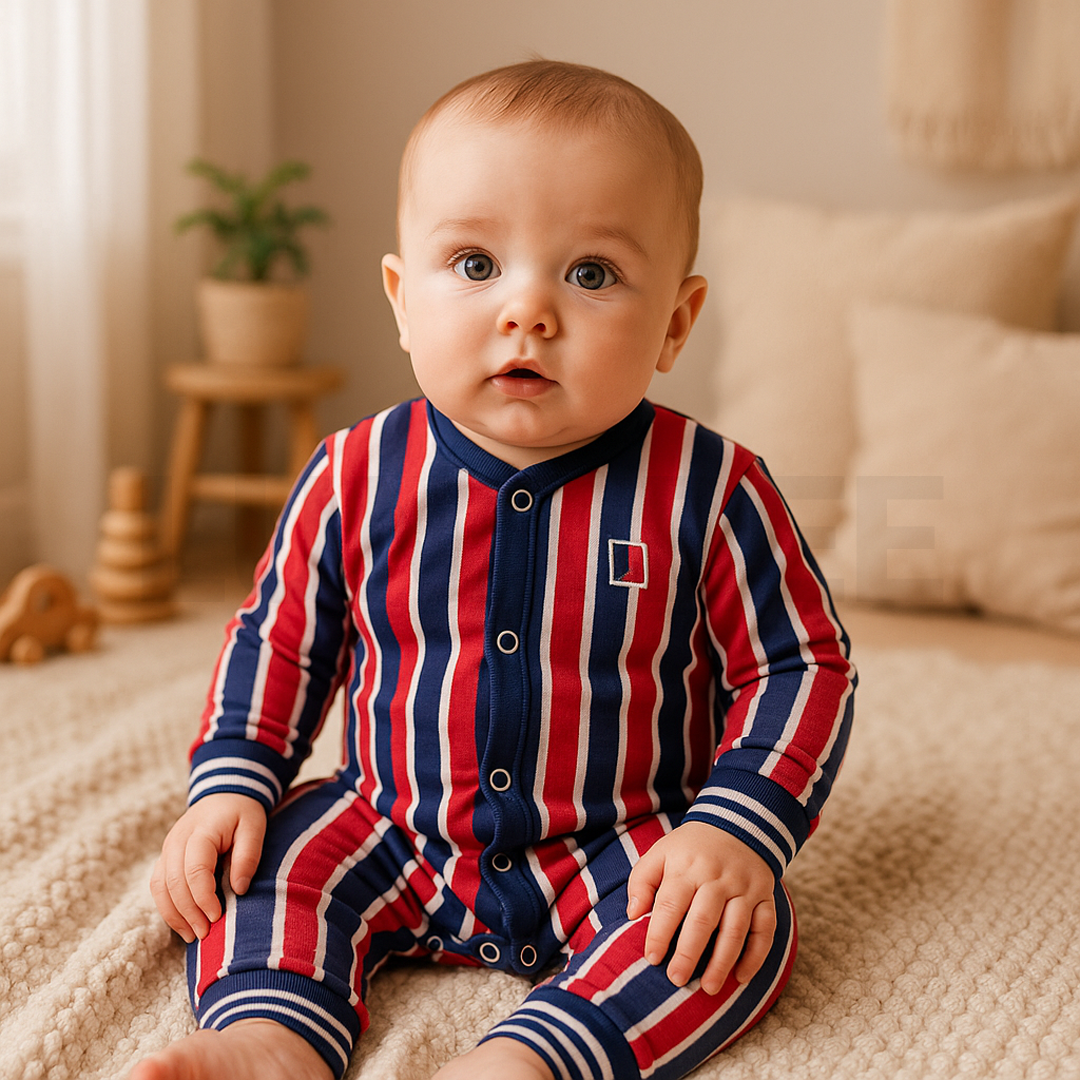 BLUE AND RED STRIPED ROMPER