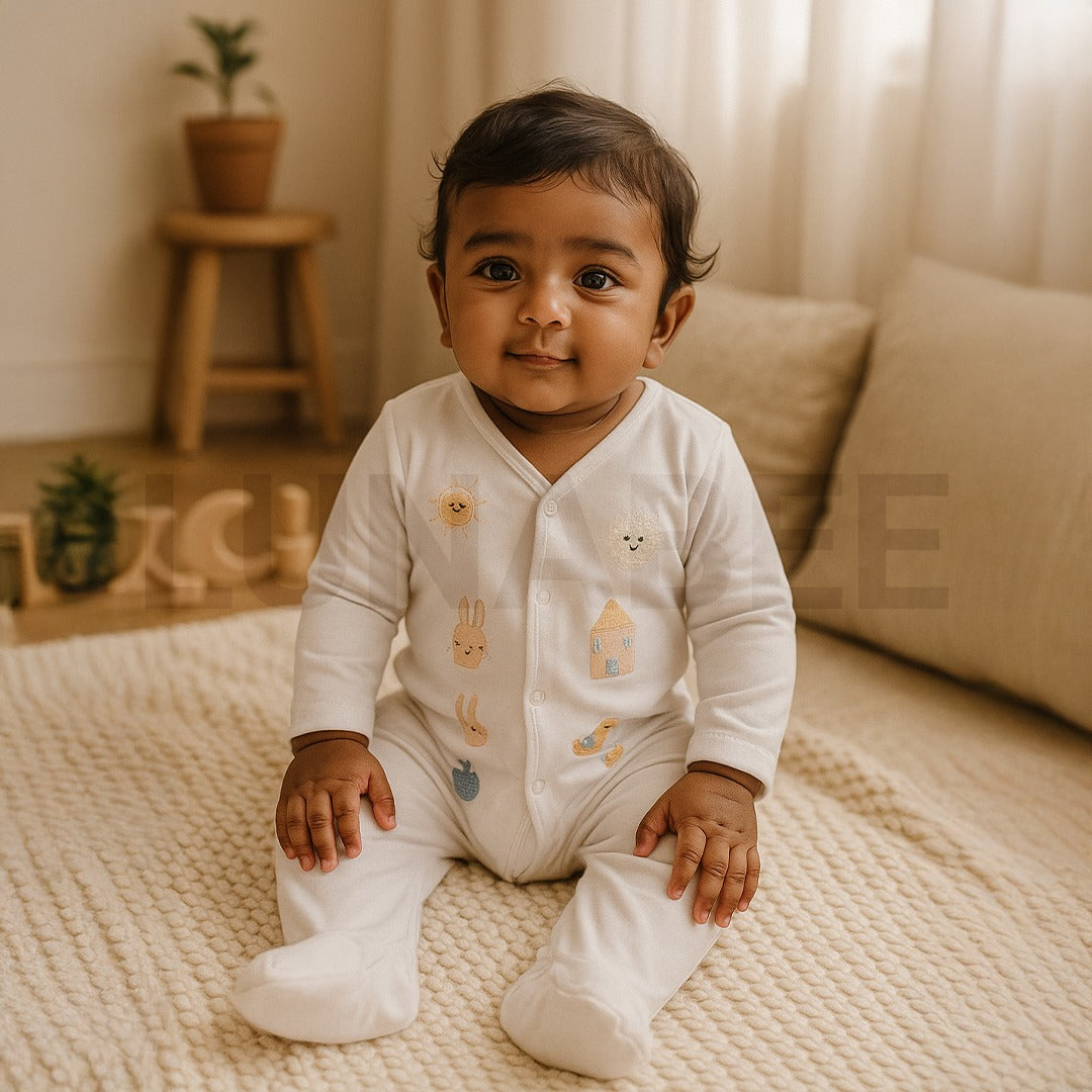 WHITE PATTERNED SLEEPSUIT