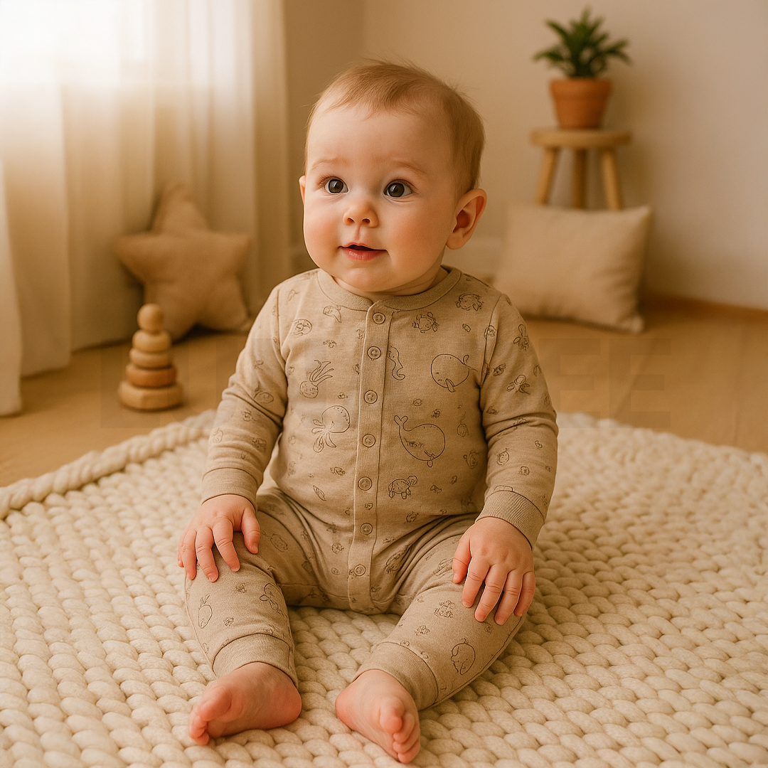 BEIGE OCEAN PRINTED ROMPER