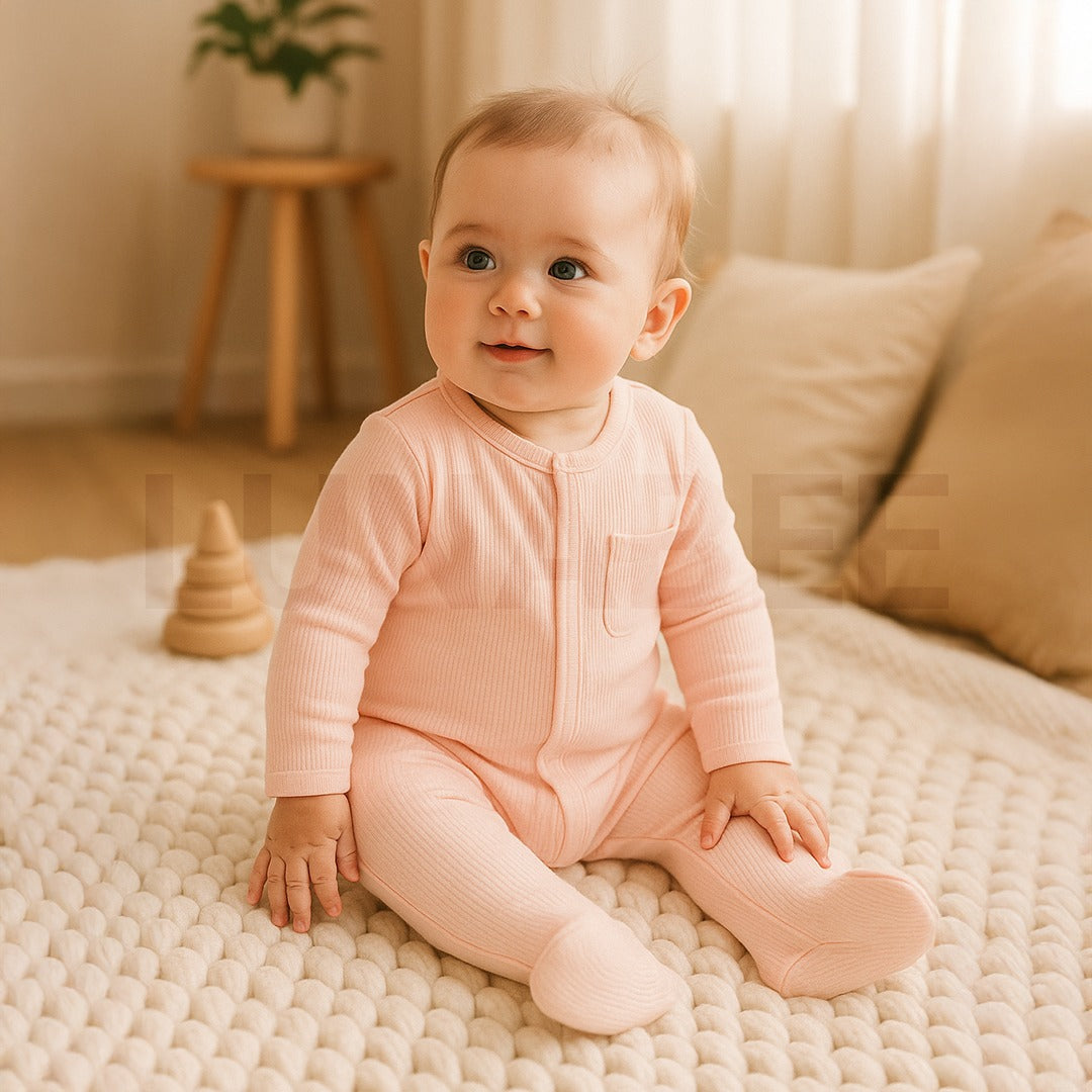 POWDER PINK RIBBED SLEEPSUIT