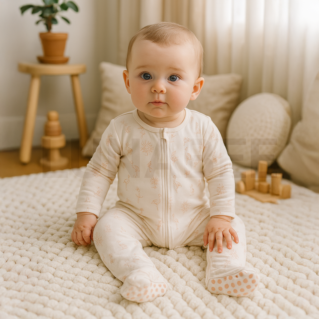 PEACH PATTERNED ZIPPER SLEEPSUIT