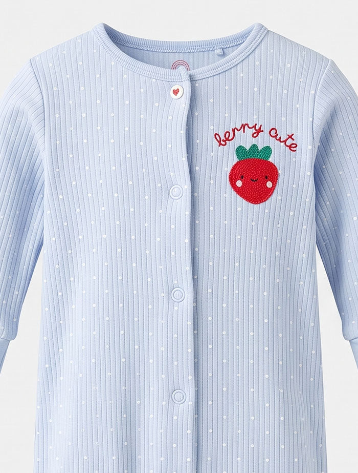 Blue strawberry ribbed button romper
