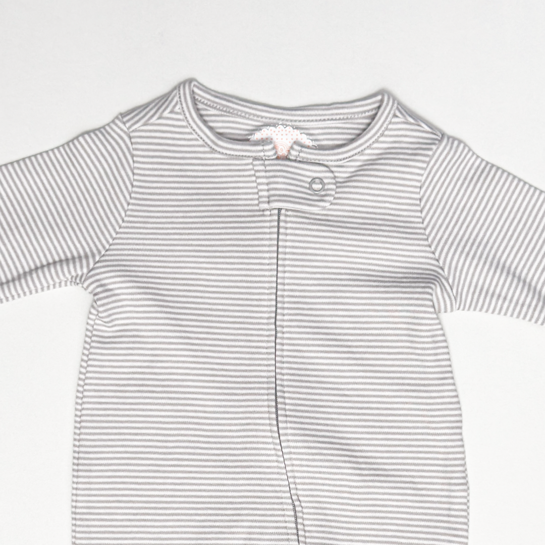 GREY AND WHITE STRIPED ZIPPER SLEEPSUIT