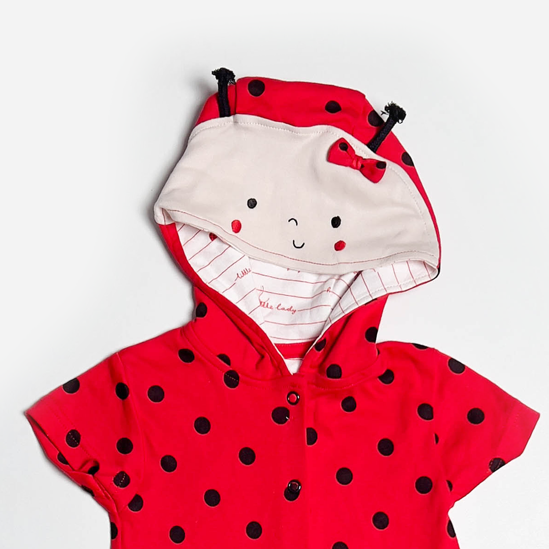 RED POLKA DOTTED HOODED JUMPSUIT