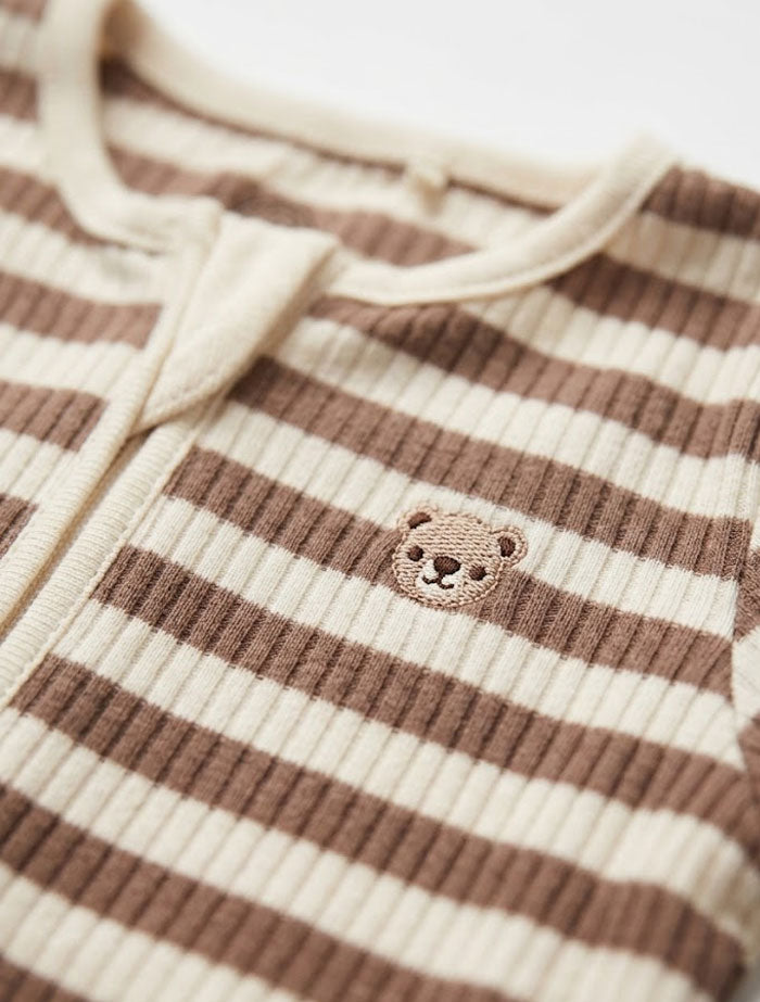 Beige brown ribbed 2 way zipper sleep suit