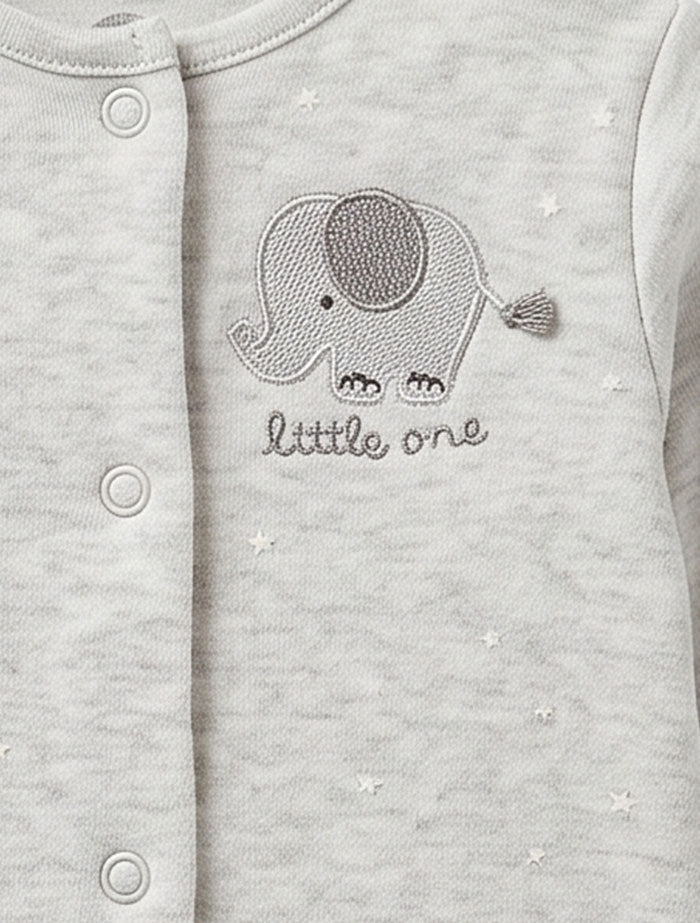 Grey little elephant button sleep suit