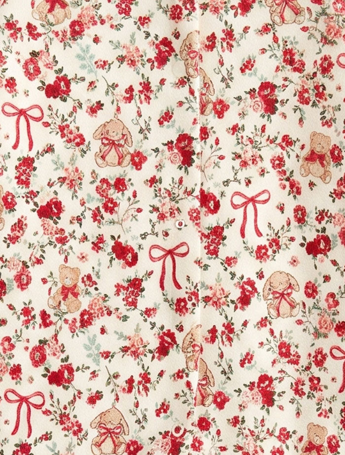 Red bow & bear printed sleep suit