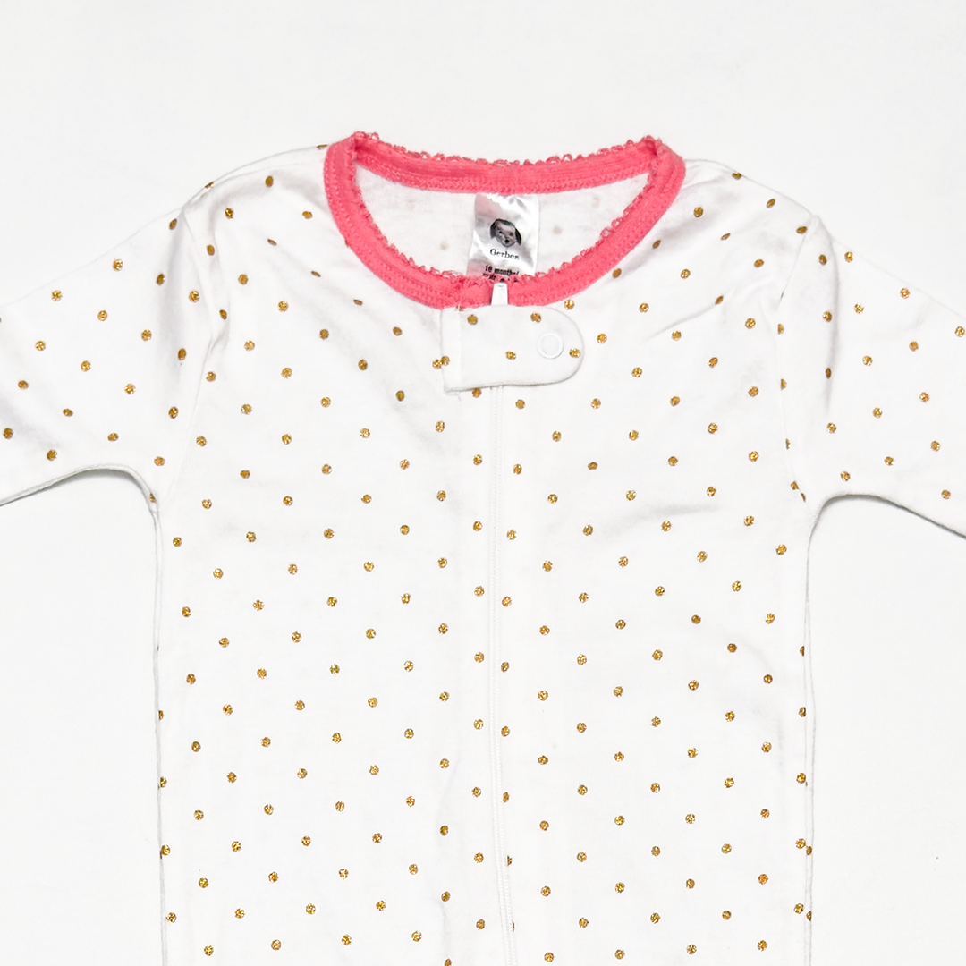 WHITE GOLDEN POLKA DOTTED SLIM FITTED SLEEPSUIT