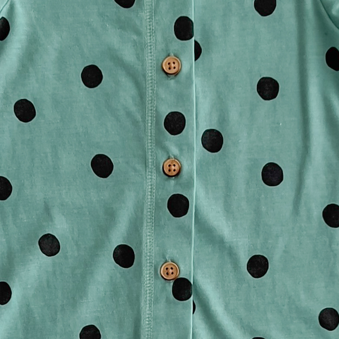aqua green black polka dotted romper