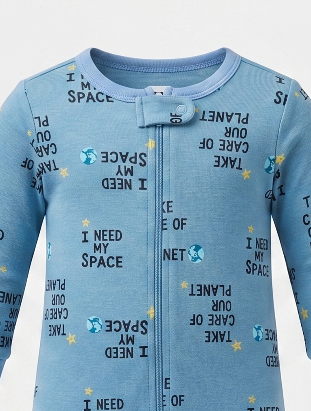 Blue printed zippepr sleepsuit