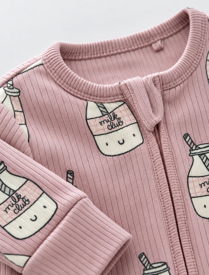 Dusty pink ribbed 2 way zipper sleep suit