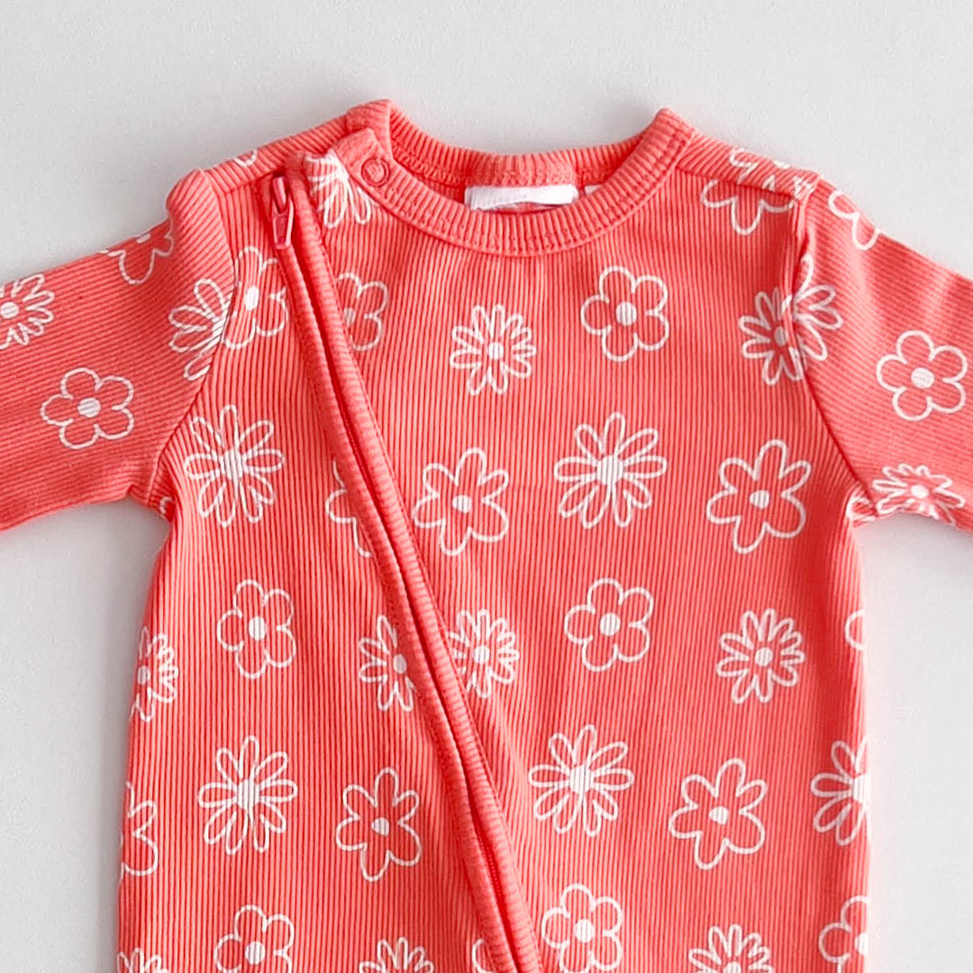 PEACH ORANGE FLORAL RIBBED ROMPER