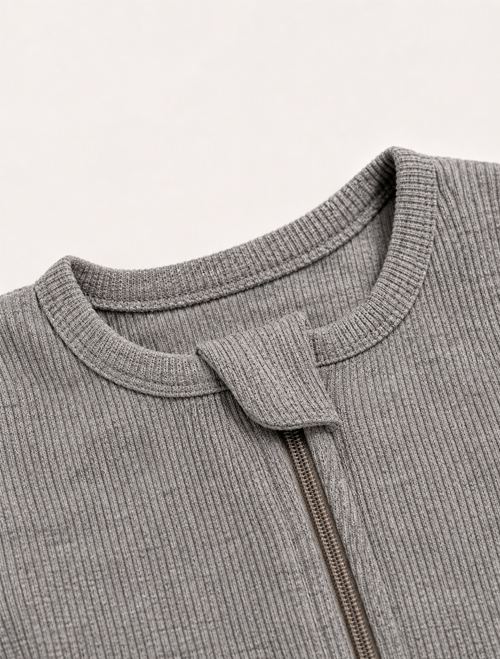 Grey ribbed plain zipper sleepsuit