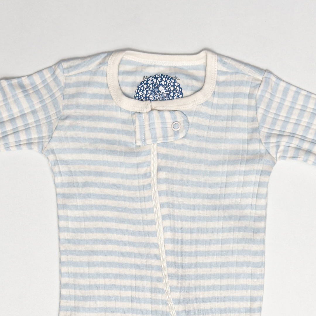 BLUE AND WHITE STRIPES RIBBED SLEEPSUIT