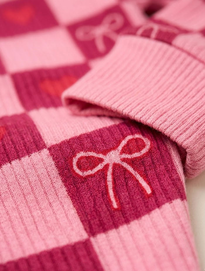 Red and pink bow ribbed zipper sleep suit