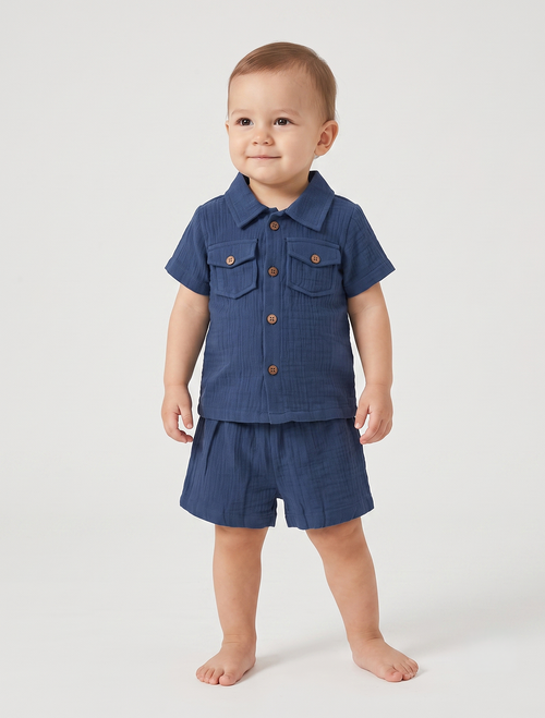 Muslin Shirt & Shorts Co-ord Set – Navy Blue