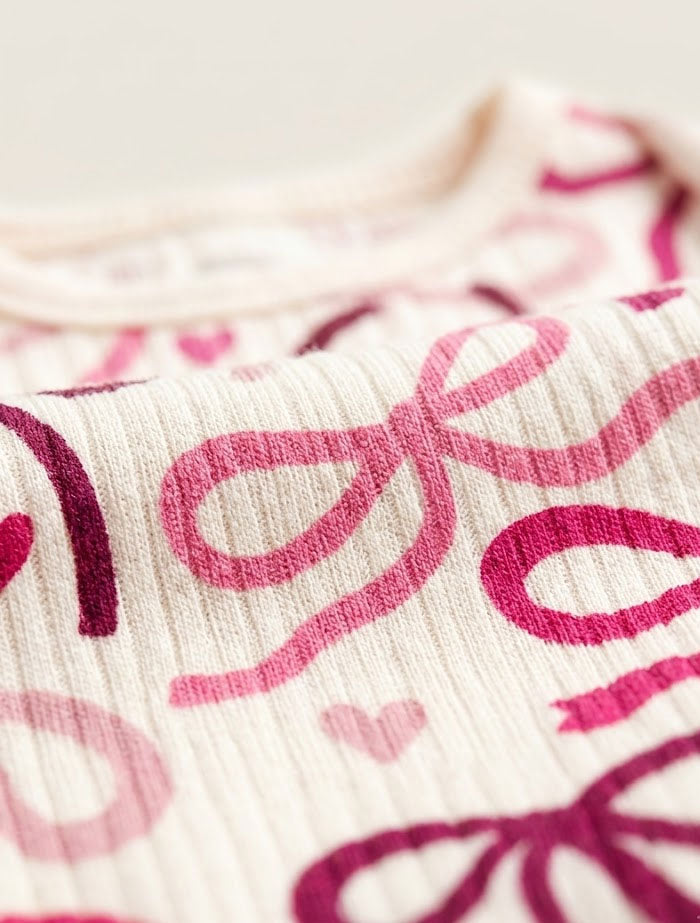 Red and pink ribbed bow printed sleep suit