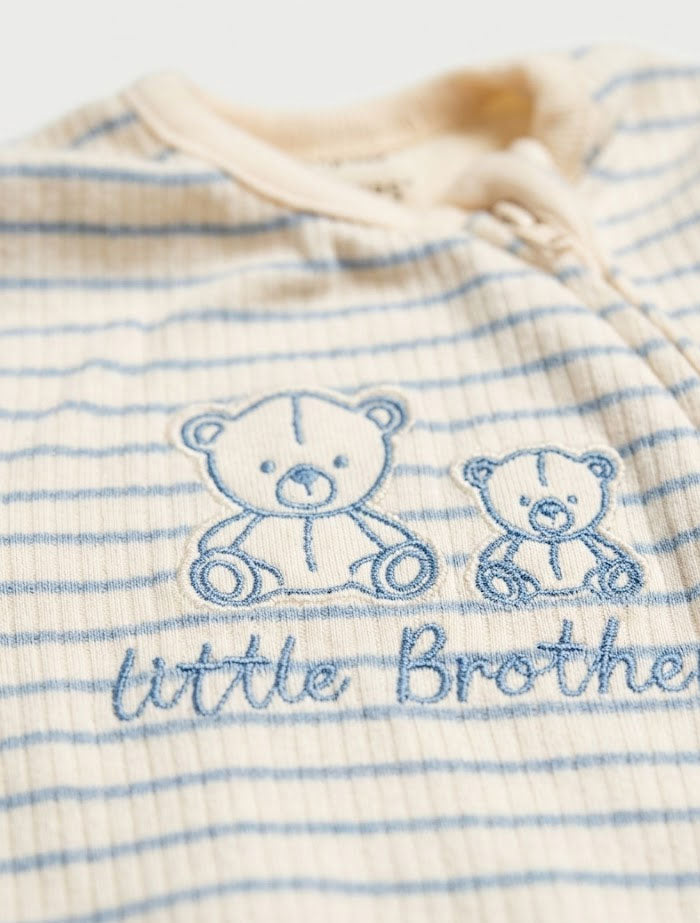Beige blue bear ribbed 2 way zipper romper