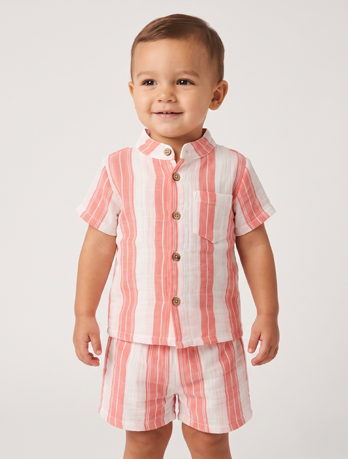 Striped Muslin Shirt & Shorts Co-ord Set – Coral