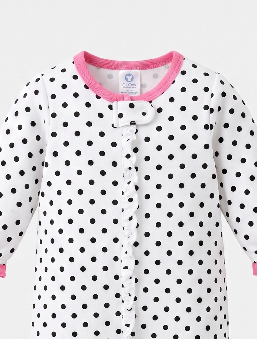 WHITE POLKA DOTTED RUFFLED SLEEPSUIT