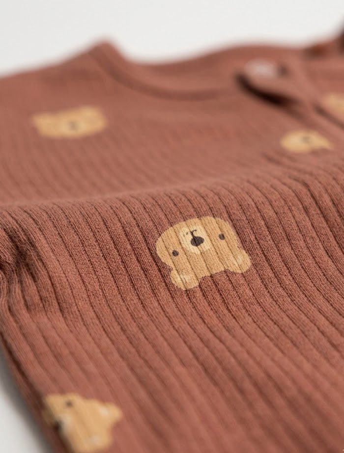 Brown ribbed bear printed sleepsuit