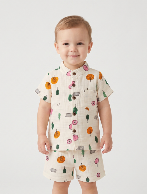 Printed Muslin Shirt & Shorts Co-ord Set – Woodland