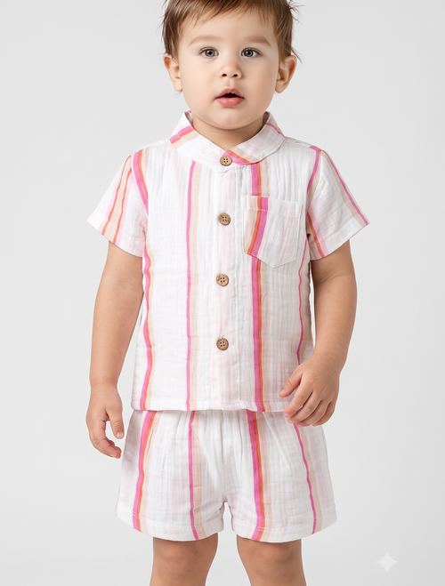 Striped Muslin Shirt & Shorts Co-ord Set – Pink Multi