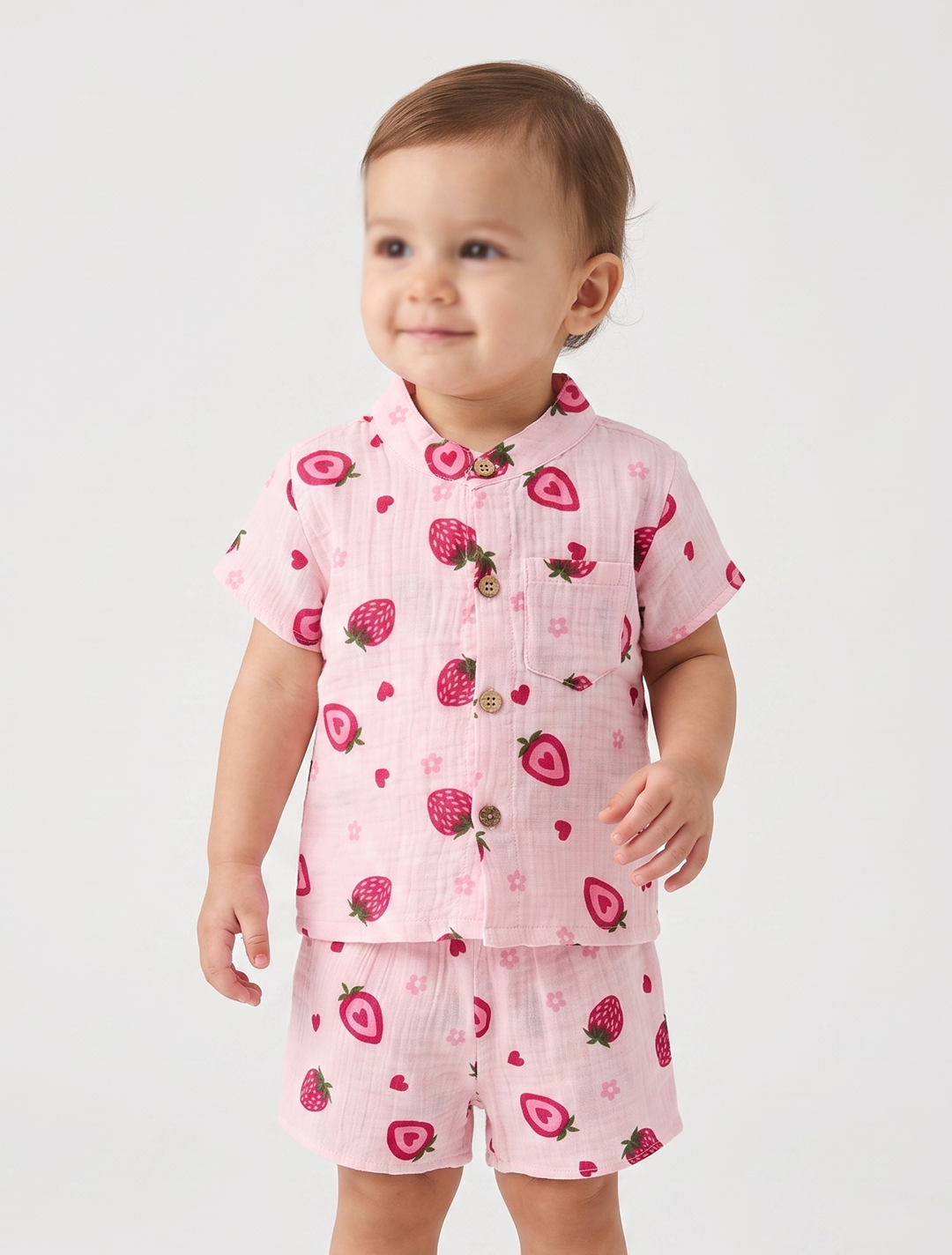 Strawberry-Print Muslin Shirt & Shorts Co-ord Set – Pink