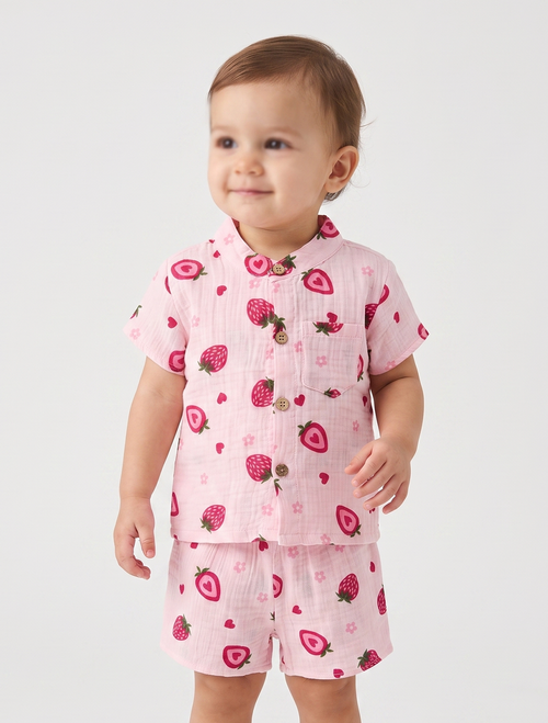 Strawberry-Print Muslin Shirt & Shorts Co-ord Set – Pink