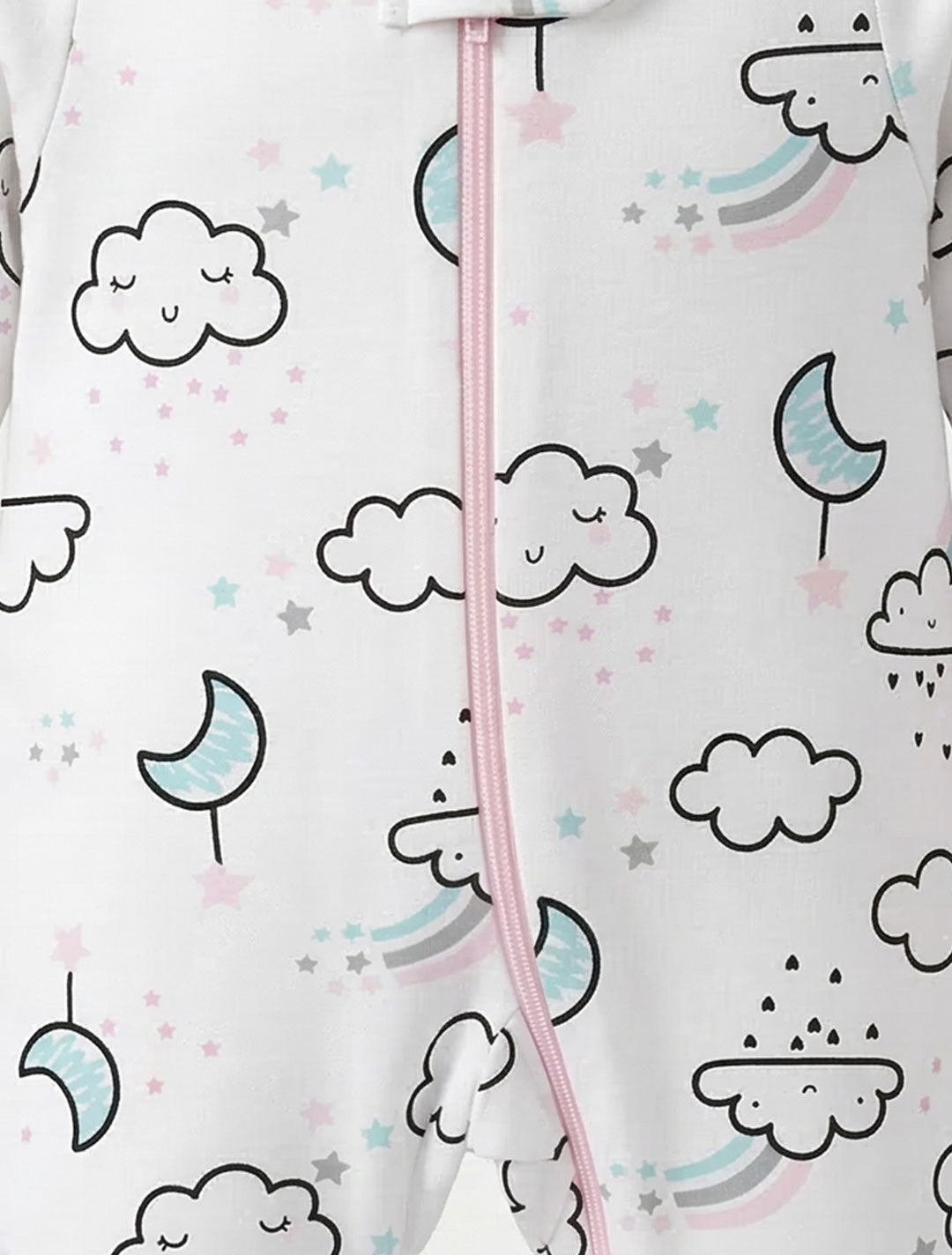 WHITE PRINTED ZIPPER SLEEPSUIT