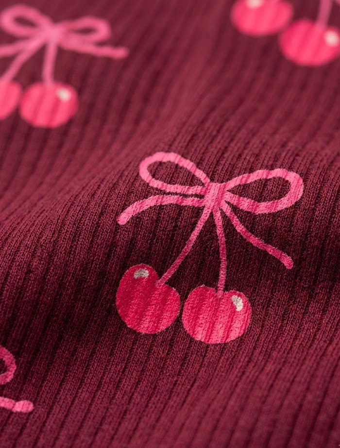 Wine red and pink cherry print unisex ribbed sleepsuit