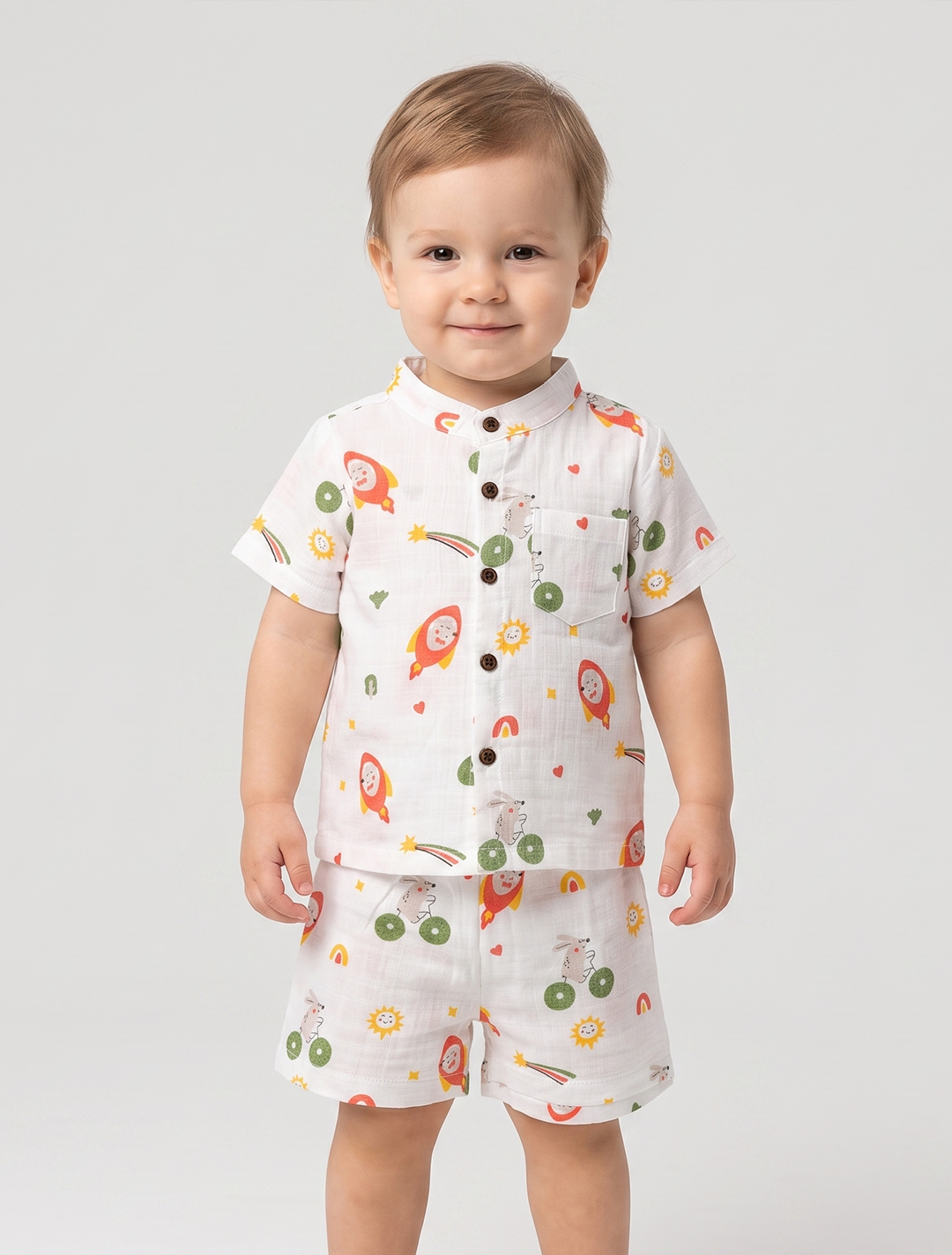 Printed Muslin Shirt & Shorts Co-ord Set – Rocket & Bunny