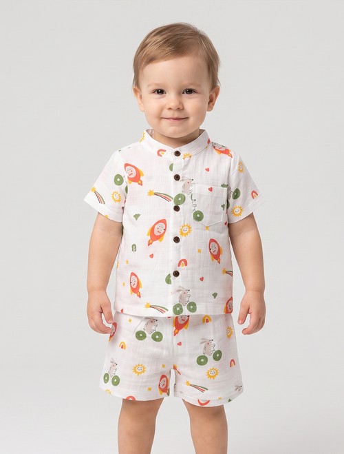 Printed Muslin Shirt & Shorts Co-ord Set – Rocket & Bunny