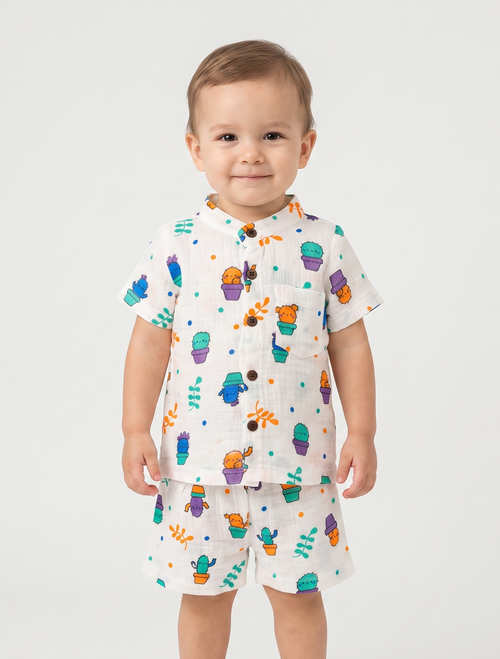Printed Muslin Shirt & Shorts Co-ord Set – Cactus