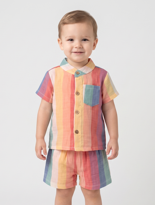 Rainbow Stripe Muslin Shirt & Shorts Co-ord Set