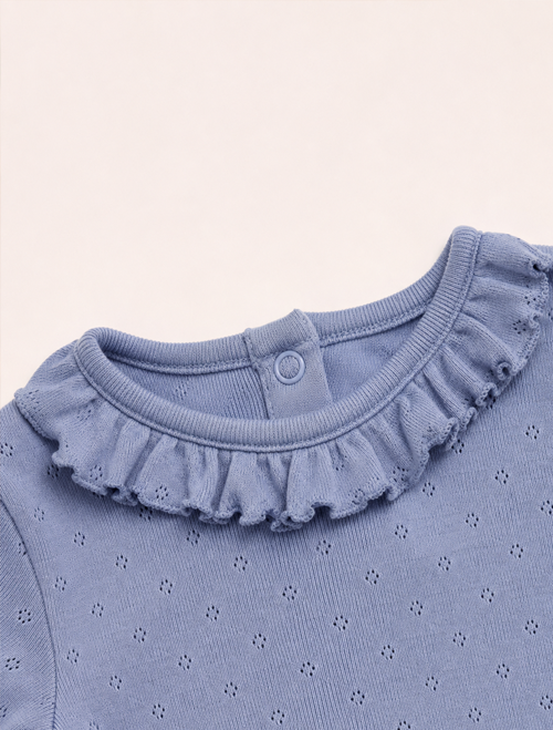 Blue pointelle ruffled onesie