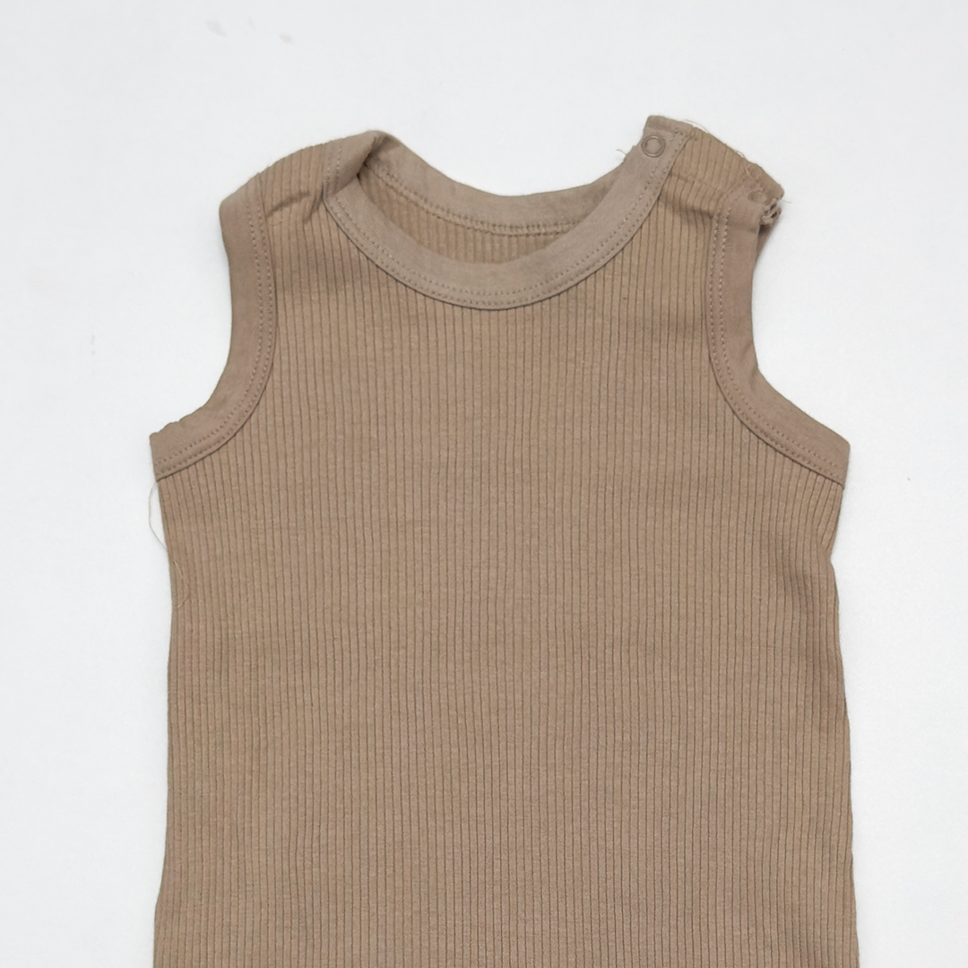 DARK BEIGE RIBBED SLEEVELESS ROMPER