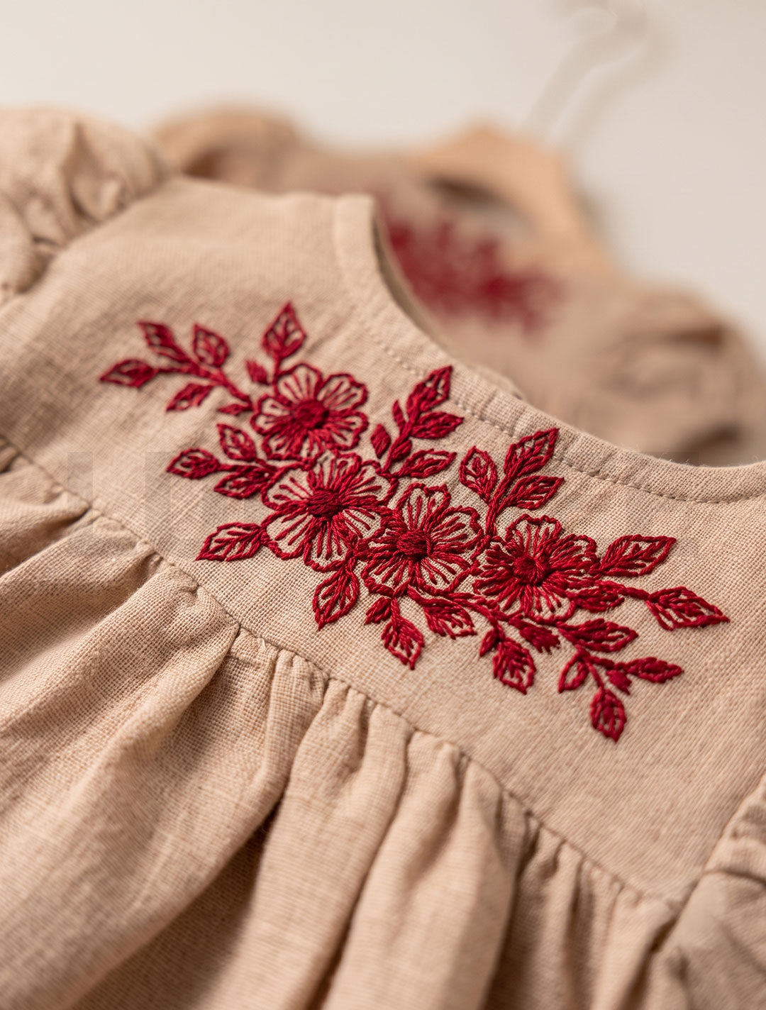 Beige puff sleeve floral embroidered frock