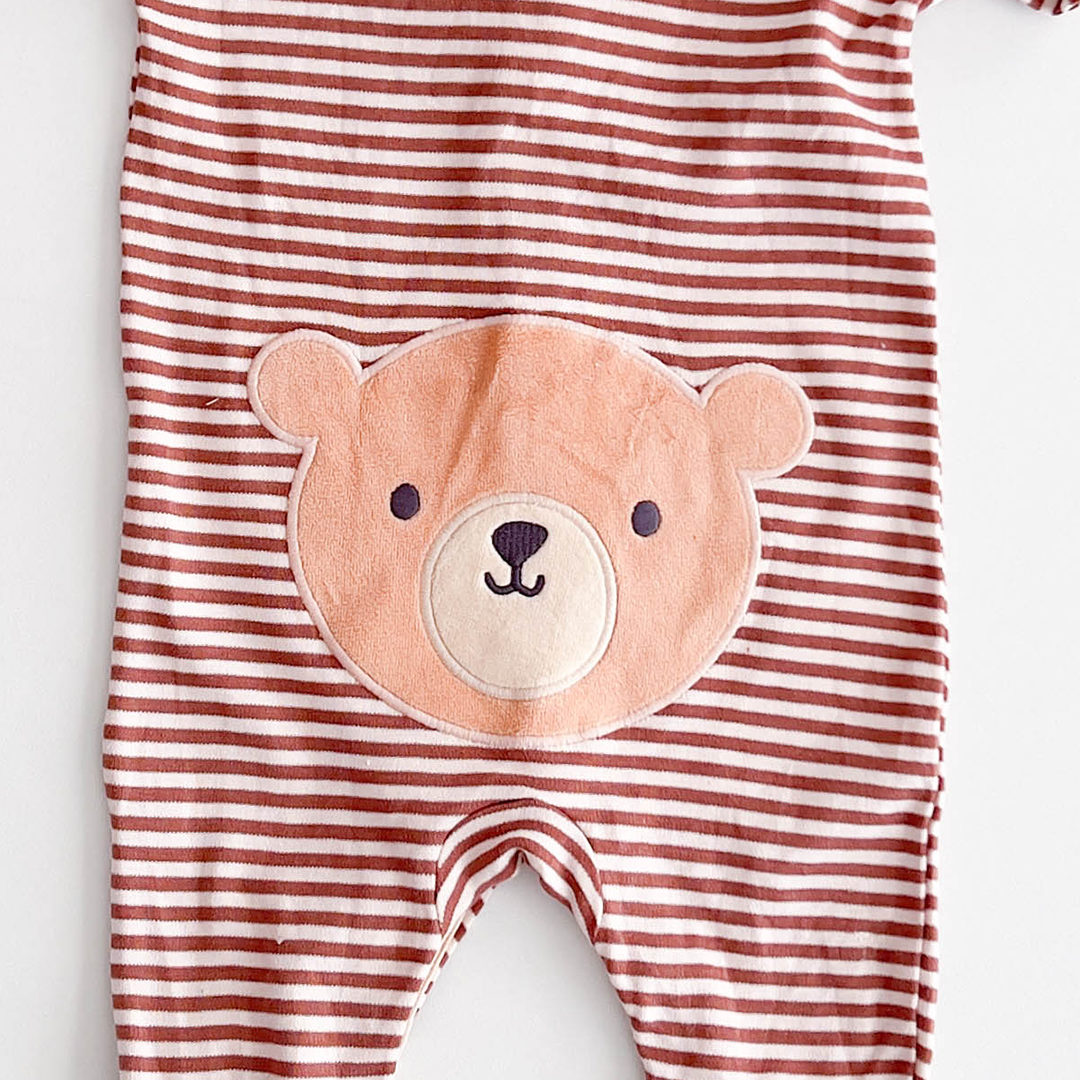 BROWN TEADDY BEAR STRIPED ROMPER