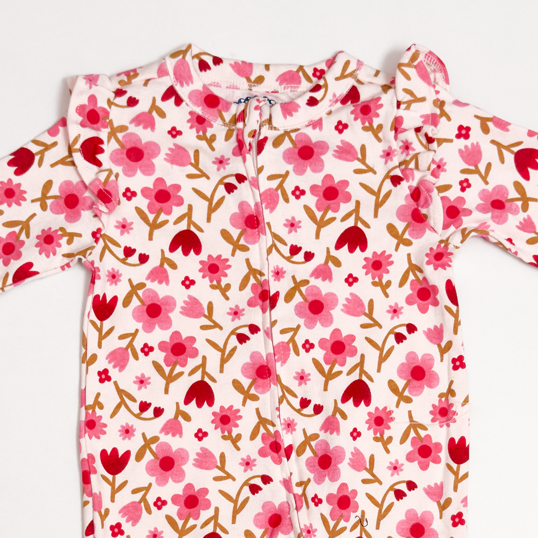 PINK FLORAL RUFFLED SLEEPSUIT