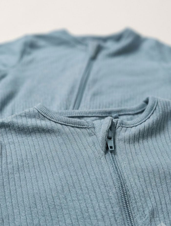 Teal blue ribbed 2 way zipper romper