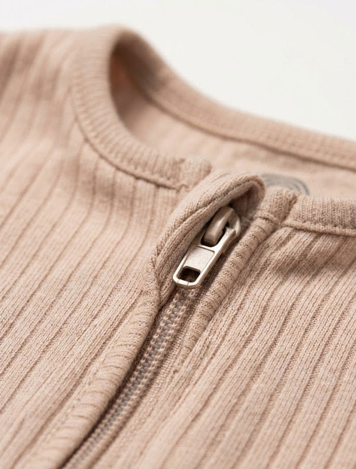 Beige zipper 2 way ribbed sleepsuit