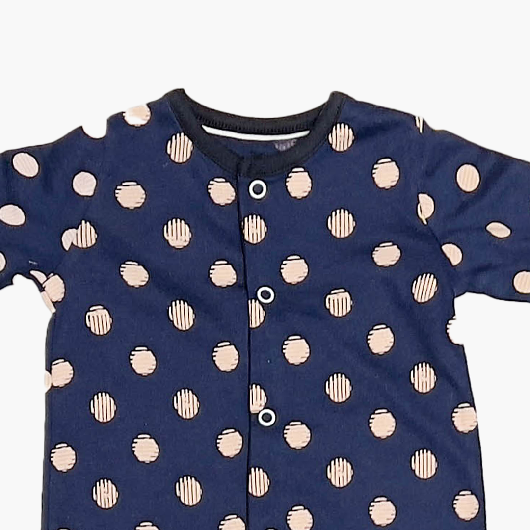 NAVY BLUE DOTTRF BUTTON SLEEPSUIT