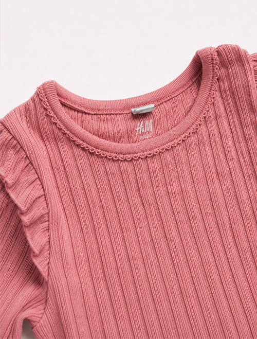 PEACH PINK RIBBED RUFFLES ONESIE