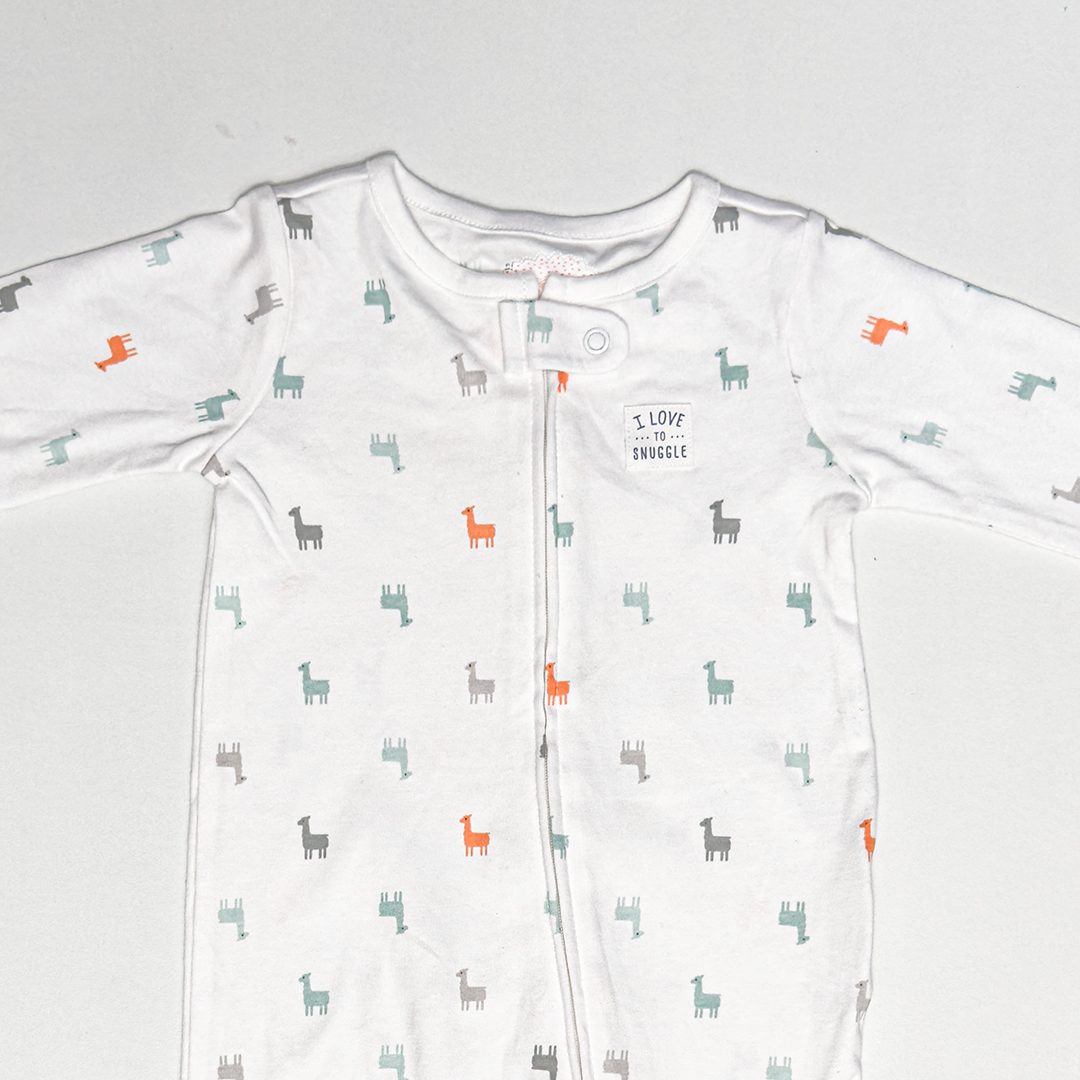 WHITE LLAMA PRINTED SLEEPSUIT