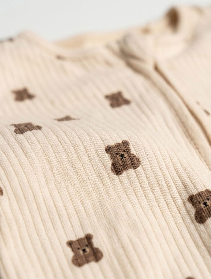Beige ribbed brown bear ribbed sleepsuit