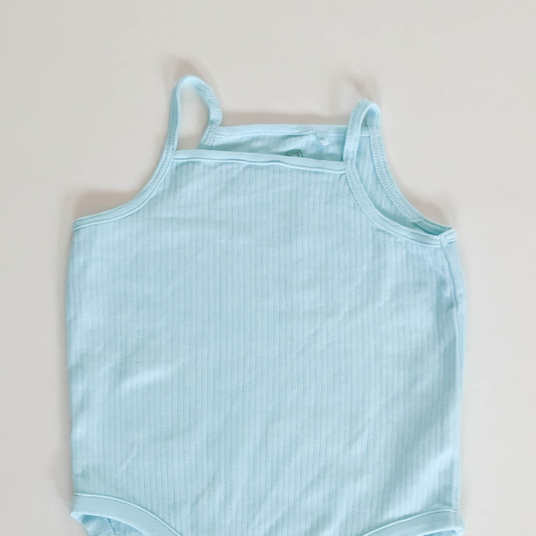 SPAGHETTI STRAP BLUE RIBBED ONESIE